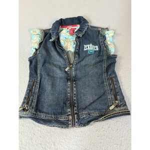 Ecko Red Denim Vest Womens XL Blue Zip Front Embroidered Logo Floral Lining